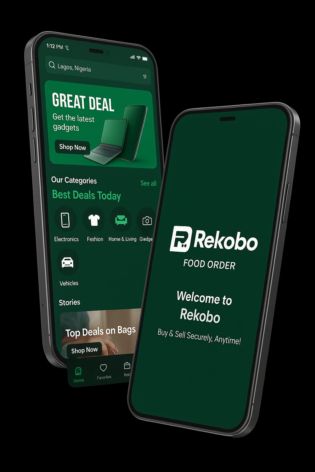 Rekobo marketplace illustration showing Nigerian users buying and selling items safely